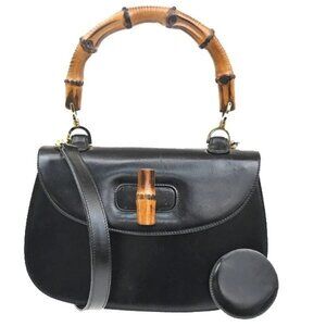 GUCCI Logo Bamboo Turnlock 2way Shoulder Hand Bag Leather Black Italy